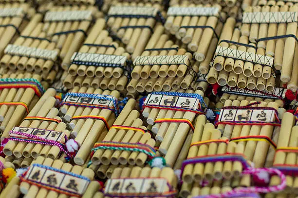 Authentic south american panflutes in local market in Peru.