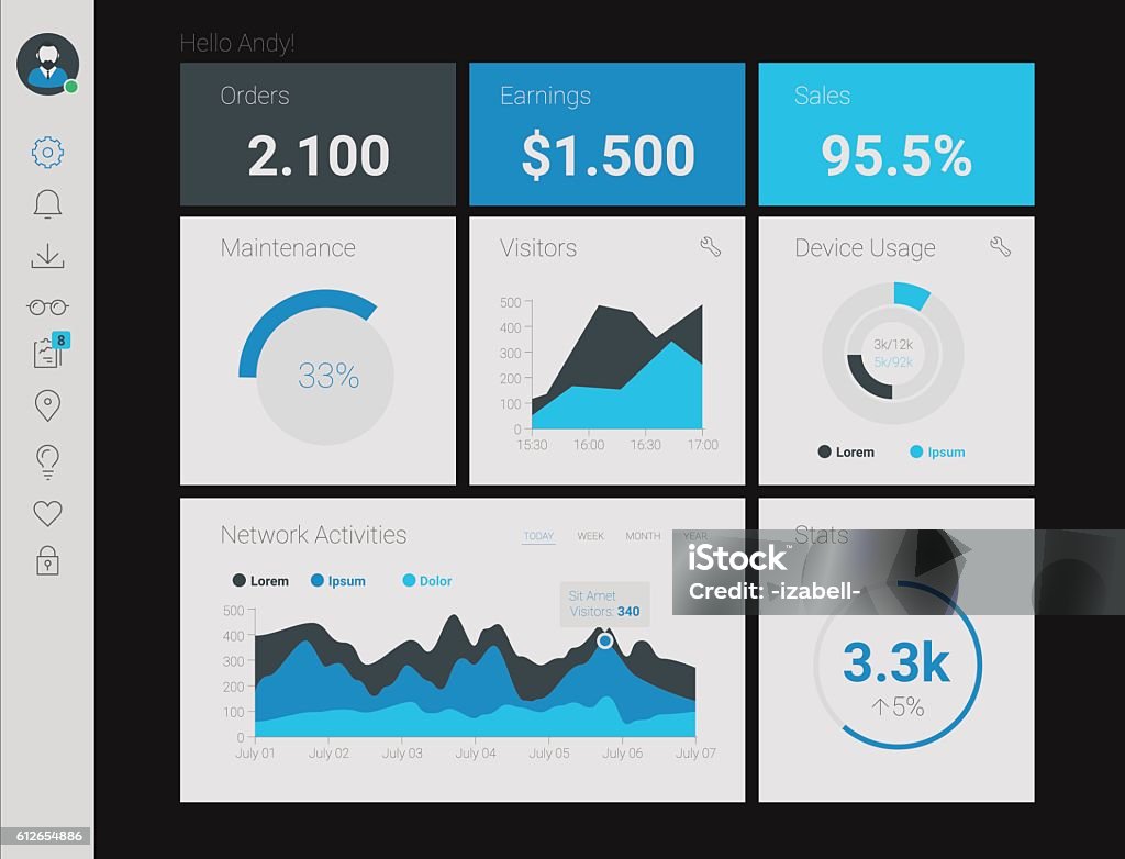 Admin App Dashboard Futuristic flat design material style administration app dashboard Data stock vector