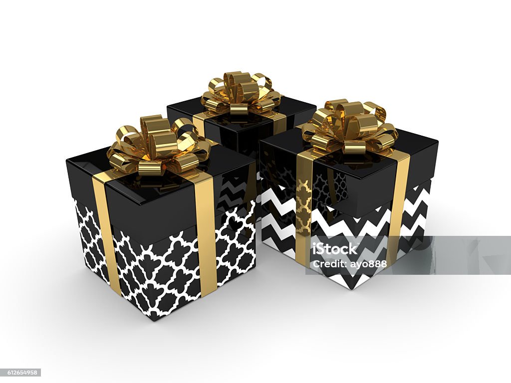 3d rendering of black gift boxes with golden ribbons 3d rendering of black gift boxes with golden ribbons isolated over white background Black Box - Container Stock Photo