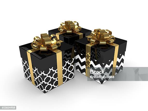 3d Rendering Of Black Gift Boxes With Golden Ribbons Stock Photo - Download Image Now