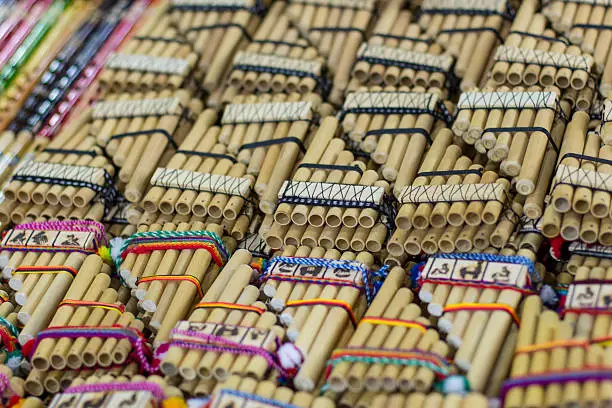 Authentic south american panflutes in local market in Peru.
