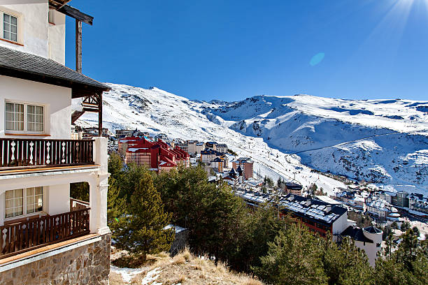 Mountain skiing - Pradollano, Sierra Nevada, Spain stock photo