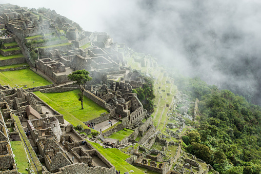 View of the ancient Inca City of Machu Picchu. The 15-th century Inca site.'Lost city of the Incas'. Ruins of the Machu Picchu sanctuary. UNESCO World Heritage site.Peru