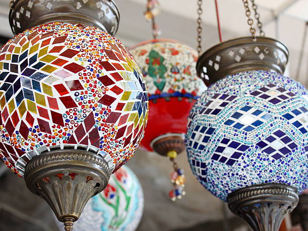 istock Colorful Turkish mosaic lamps in a store 612659854