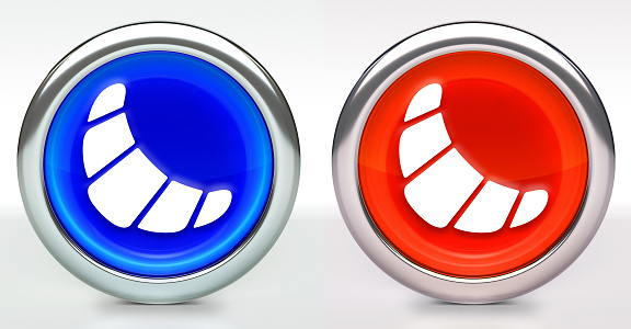 Croissant Icon on Button with Metallic Rim. The icon comes in two versions blue and red and has a shiny metallic rim. The buttons have a slight shadow and are on a white background. The modern look of the buttons is very clean and will work perfectly for websites and mobile aps.