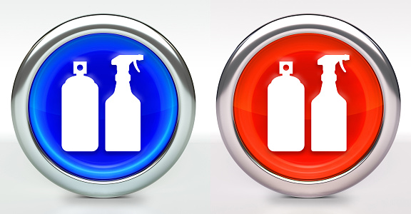 Pesticide Sprays Icon on Button with Metallic Rim. The icon comes in two versions blue and red and has a shiny metallic rim. The buttons have a slight shadow and are on a white background. The modern look of the buttons is very clean and will work perfectly for websites and mobile aps.