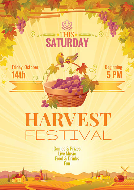 Harvest festival vector poster. Autumn landscape, winemaking farm invitation design. Harvest festival poster. Vineyard autumn landscape background, winemaking farm panoramic view. Fall party invitation design. Europian wine making tradition, grapes basket. Farming vector illustration harvest festival stock illustrations