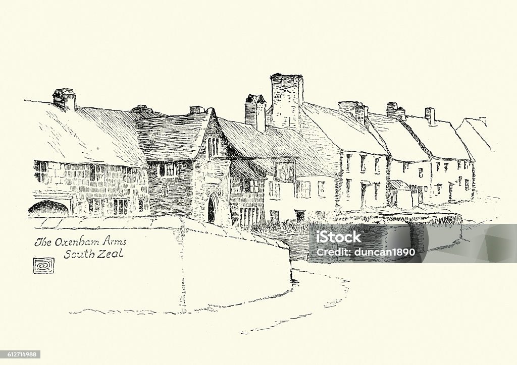 Oxenham Arms, South Zeal,  Dartmoor 19th Century Vintage engraving of Oxenham Arms Inn, South Zeal,  Dartmoor 19th Century 1890-1899 stock illustration