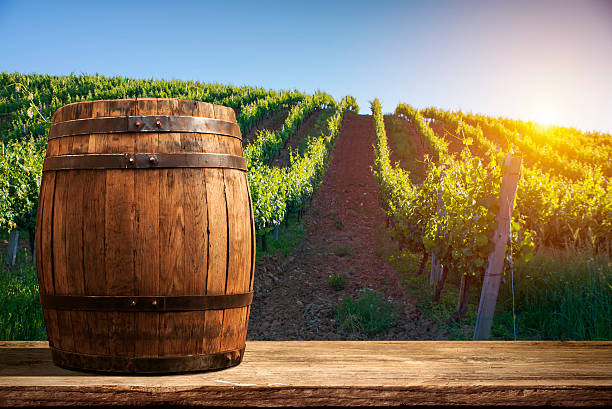 istock Red wine with barrel on vineyard in green Tuscany, Italy 612715532