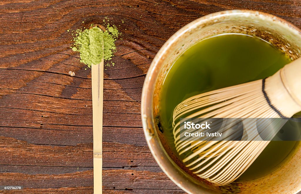 Matcha Japanese tea ceremony set.  Bamboo - Material Stock Photo
