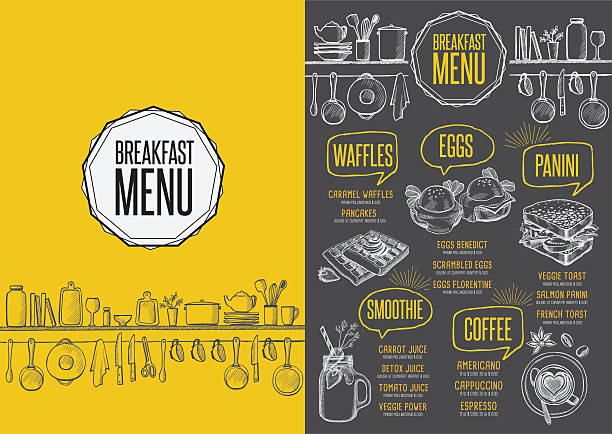 illustrazioni stock, clip art, cartoni animati e icone di tendenza di menu ristorante per la colazione, omatta modello di cibo. - colazione