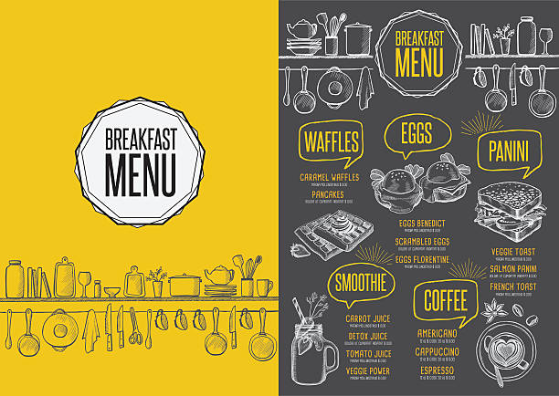 Menu breakfast restaurant, food template placemat. Breakfast menu placemat food restaurant brochure, template design. Vintage creative dinner flyer with hand-drawn graphic. cafe sandwich stock illustrations