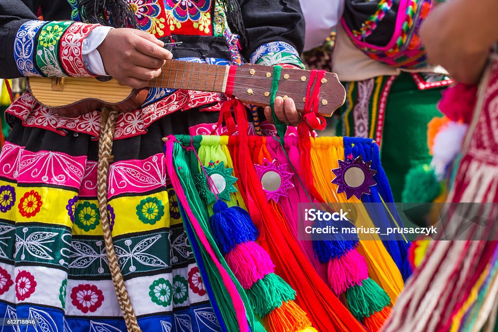 Peruvian dancers at the parade in Cusco. Peruvian dancers at the parade in Cusco. People in traditional clothes. Peru Stock Photo