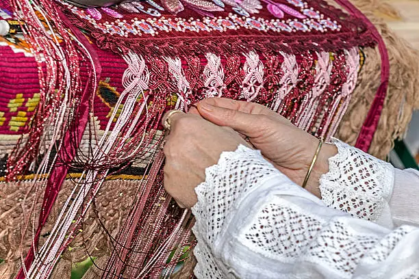 Photo of Woman interweaves by hand Romanian traditional dress