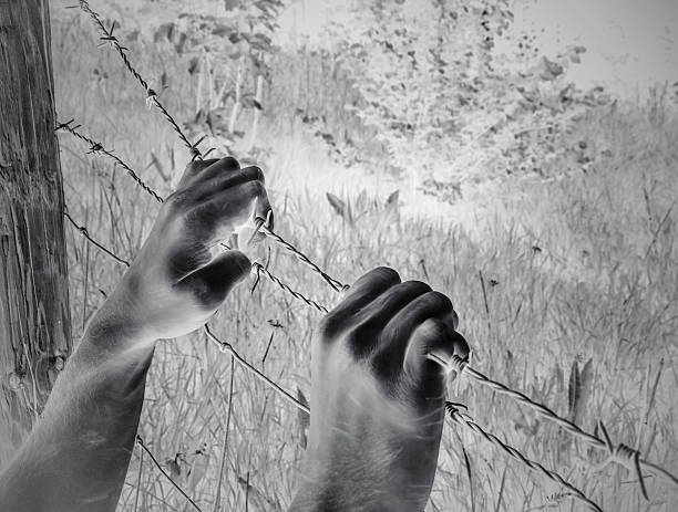 istock Artistic surreal tortured hands grasping desperately barbed wire (infrared) 612722136