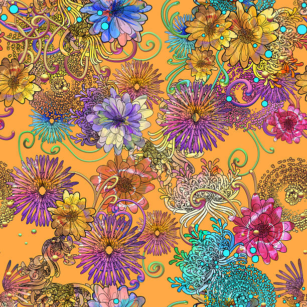 화려한 꽃, 꽃 그림과 원활한 패턴 - multi colored floral pattern acrylic painting purple stock illustrations