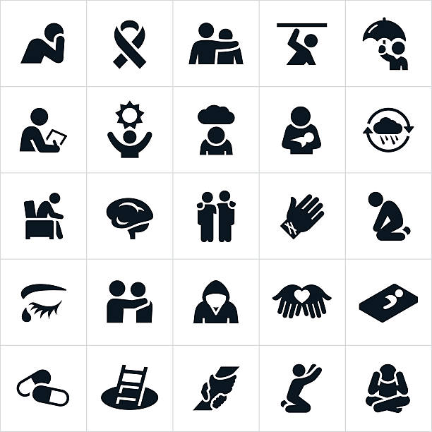 Mental Illness Icons An icon set symbolizing mental illness issues. The icons include themes of sadness, depression, awareness, hope, support, mental health and others. begging social issue stock illustrations