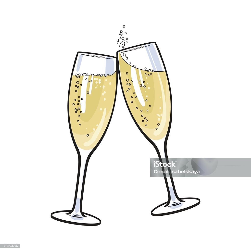 Pair of champagne glasses, holiday toast Pair of champagne glasses, set of sketch style vector illustration isolated on white background. Hand drawn glasses with bubbly champagne, cheers, holiday toast Champagne Flute stock vector