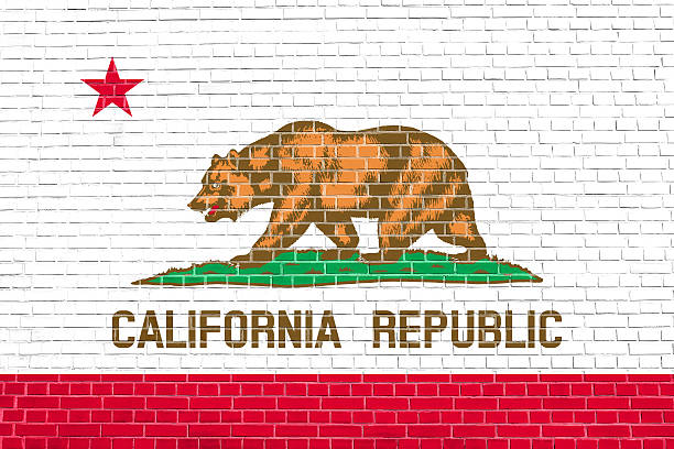 istock Flag of California, brick wall texture background 612725300