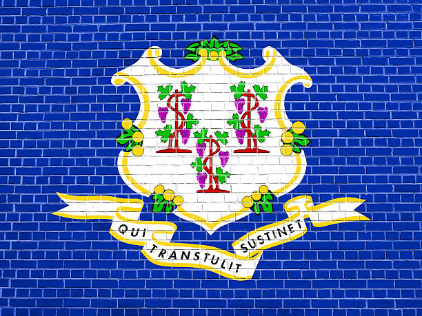 istock Flag of Connecticut, brick wall texture background 612725404