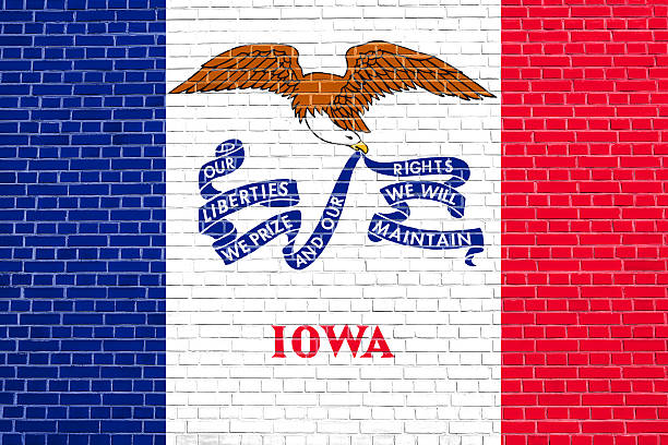 istock Flag of Iowa on brick wall texture background 612726180