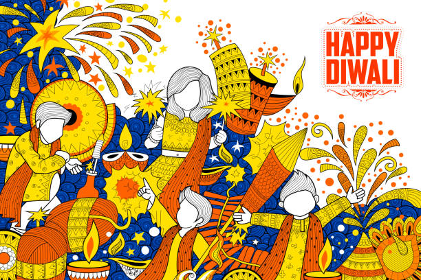 illustrations, cliparts, dessins animés et icônes de enfant célébrant le joyeux fond de griffonnage de vacances diwali pour le festival de lumière - diwali illustrations