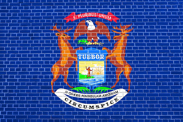 istock Flag of Michigan on brick wall texture background 612726844
