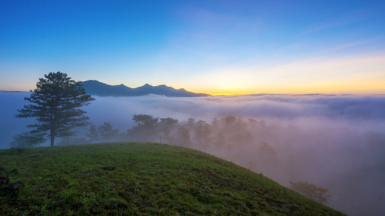 Fog over mountain and forest on sunrise at Da Lat, Vietnam