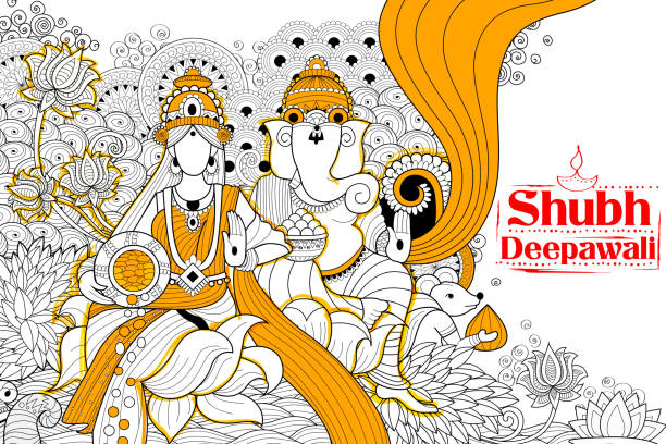 Goddess Lakshmi and Lord Ganesha on happy Diwali Holiday doodle illustration of Goddess Lakshmi and Lord Ganesha on happy Holiday doodle background for light festival of India with message Shubh Diwali meaning Happy Diwali goddess lakshmi images stock illustrations