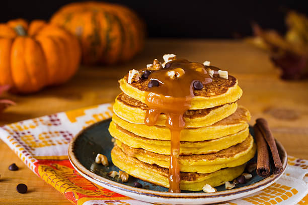 istock Pumpkin pancakes with caramel sauce 612732092