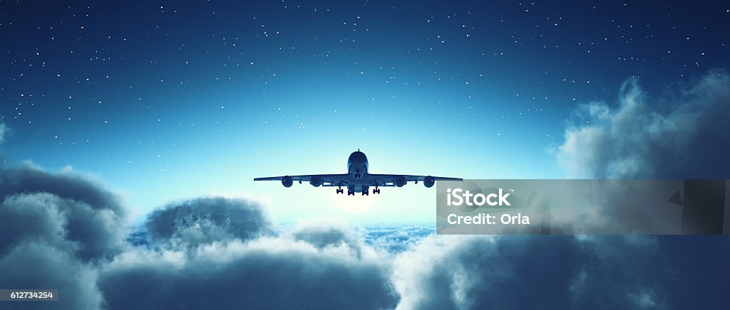 Airplane flying over cloudy sky. Airplane flying overclouds. This is a 3d render illustration Airplane Stock Photo