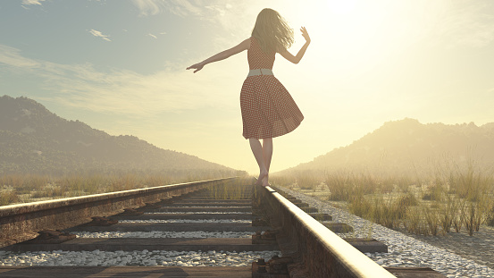A walking girl on the railway under the blue sky - this is a 3d render illustration