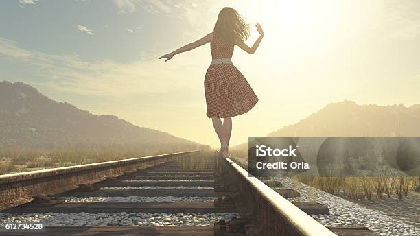 Walking Girl On The Railway Stock Photo - Download Image Now - Women, Railroad Track, Independence