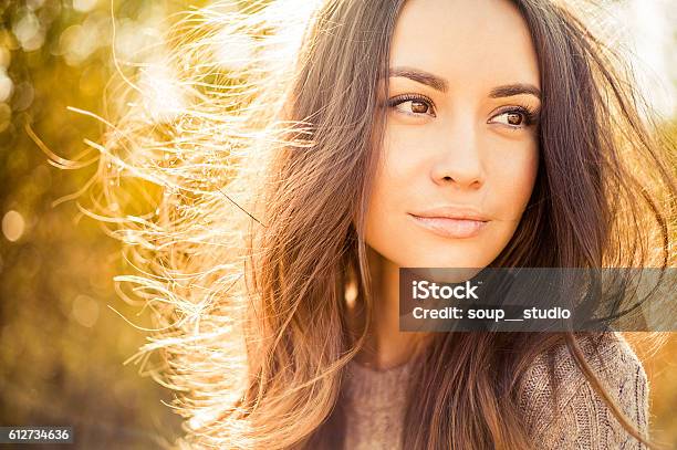 Beautiful Lady In Autumn Landscape Stock Photo - Download Image Now - Women, Autumn, Beauty