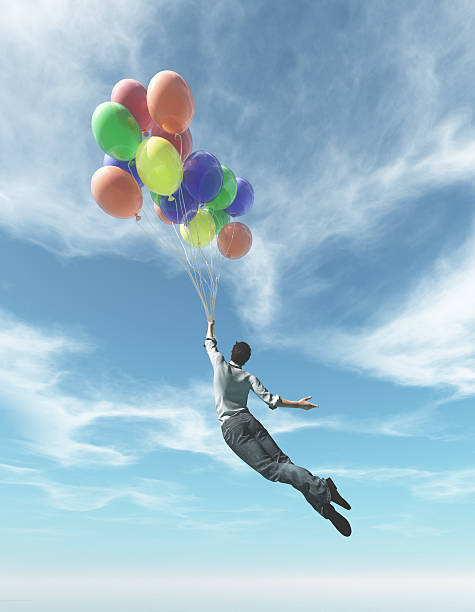 、若い男性 - balloon moving up child flying ストックフォトと画像