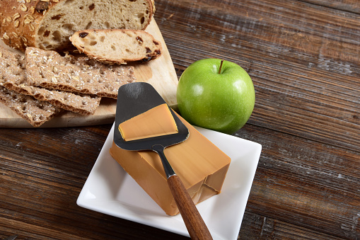 Traditional Norwegian brown cheese made from whey, called Brunost or Gjetost.