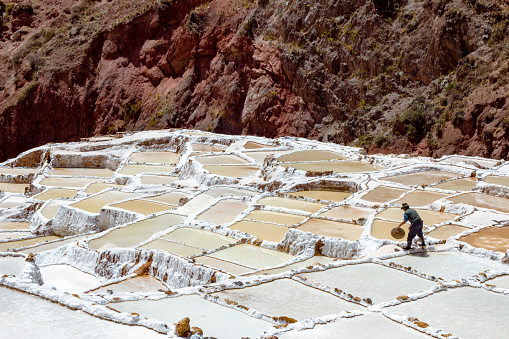 Cuzco, Peru, September 07, 2016, Maras Salt Flat, a man work in the maras salt flat with a basket in his hands