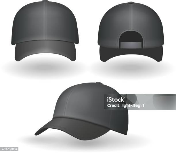 Set Of Realistic Black Baseball Caps Isolated Vector Stock Illustration - Download Image Now