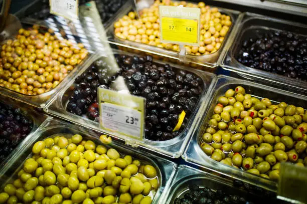 Olives for Sale in Supermarket. Izmir, Turkey