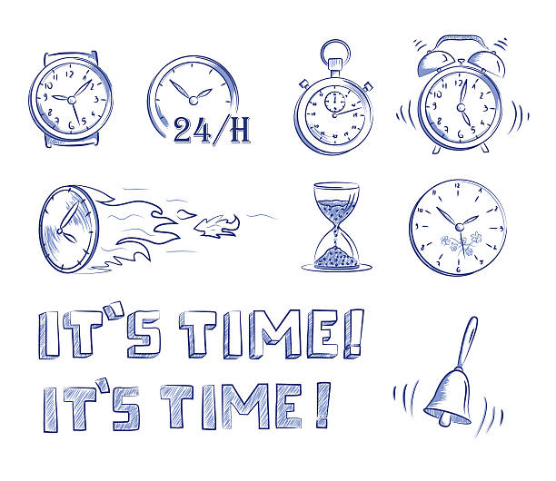 Icon set time and clocks. Hand drawn cartoon vector illustration. Icon set time and clocks. Hand drawn cartoon doodle vector illustration. clock designs stock illustrations