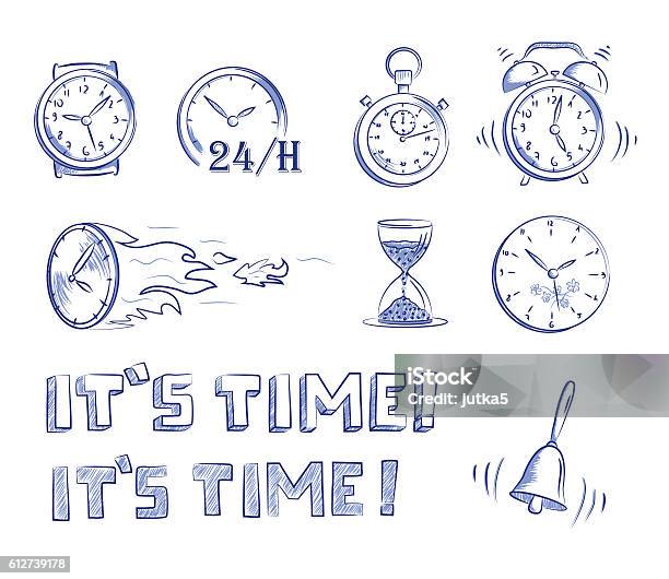 Icon Set Time And Clocks Hand Drawn Cartoon Vector Illustration Stock Illustration - Download Image Now