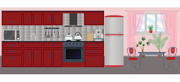 Kitchen interior in the flat style with furniture, cooking equip Kitchen interiorwith furniture, cooking equipment, dinner table and chairs. Vector illustration in the flat style luxury coffee machine stock illustrations
