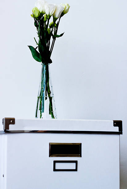 istock Interior still-life white flowers on white box 612740112