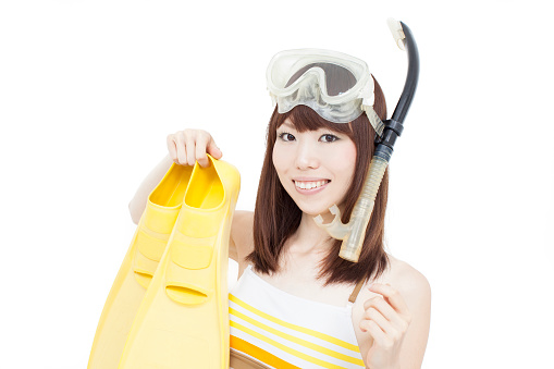 Japanese woman wearing bikini and snorkel