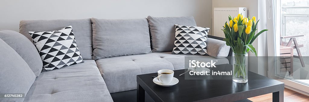 Big and comfortable sofa Panorama of light living room with coffee table and big, comfortable sofa Apartment Stock Photo