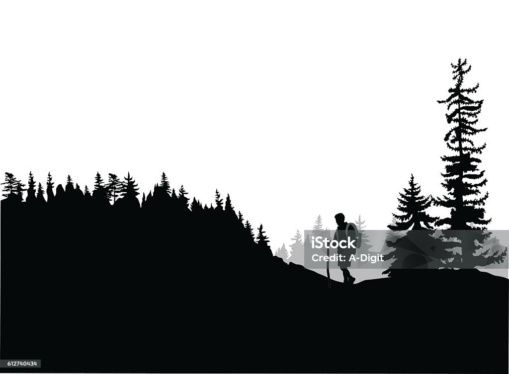 Mountain Top Hiking A vector silhouette illustration of a young man hiking through the deep forest up a hill. Mountain stock vector