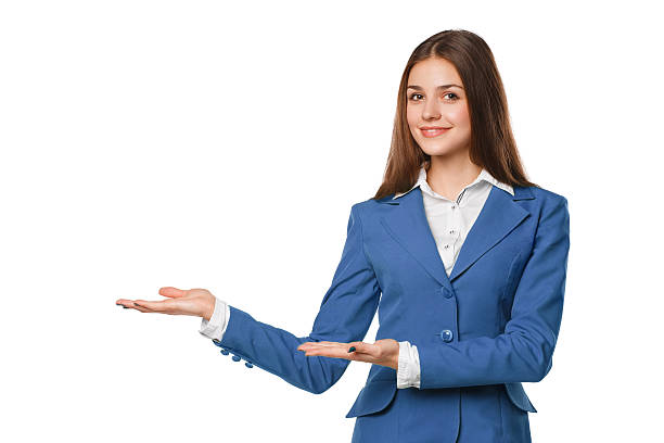 Smiling business woman showing open hand palm with copy space