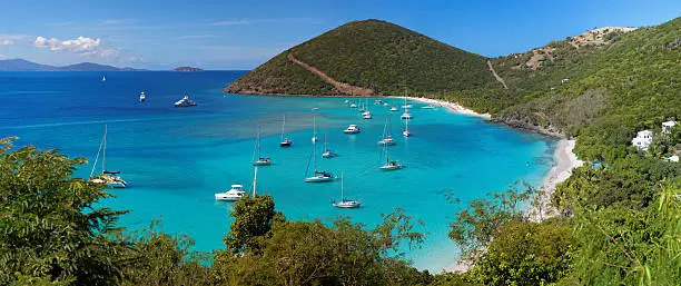 Panoramic view of tropical shoreline in British Virgin Island (BVI), Caribbean