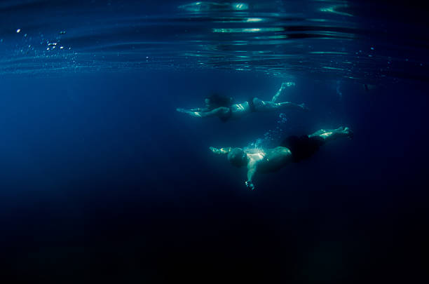 istock Two people swimming together underwater 612747946