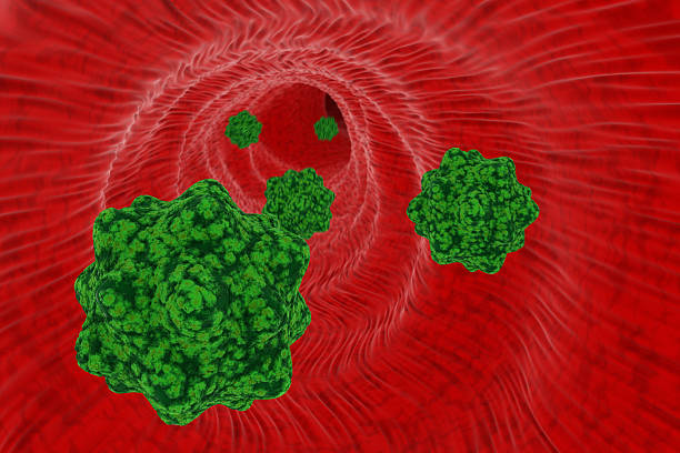 концепция инфекции крови - зеленые вирусные клетки, плавающие через vein - high scale magnification green selective focus horizontal стоковые фото и изображения